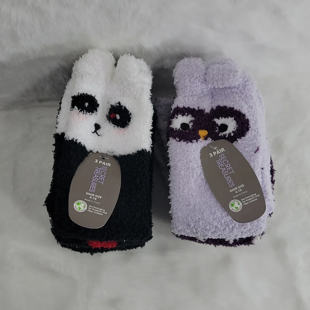 Secret Treasures Bundle of 6 Pair of Fuzzy Socks (Panda & Owl)